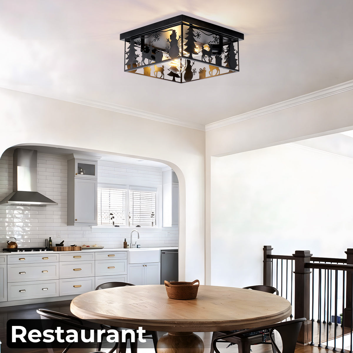 2 Pack Matte Black Square Flush Mount Ceiling Light, Christmas Snowman Deer Tree Cutout Iron Lamp, Vintage E26 Ceiling Light for Bedroom Hallway