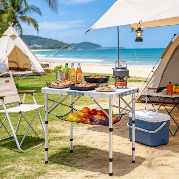 Folding Camping Table, Portable Aluminum Picnic Table with Adjustable Height and Mesh Shelf, Lightweight Outdoor Beach Table