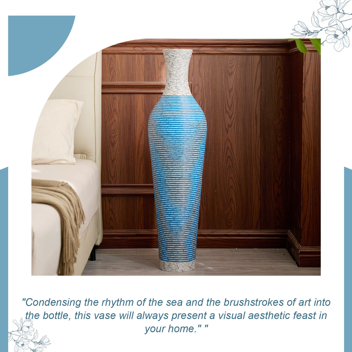 AEELLEEA Blue White Striped Woven Floor Vase, 39"H x 5.5" Opening, Tall Decor Dry Vase for Pampas Grass, Living Room Entryway Home Decor