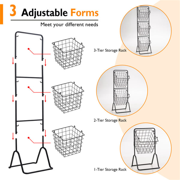 AEELLEEA 3-Tier Wire Basket Storage Rack, Adjustable Freestanding Metal Organizer with Removable Baskets, Black