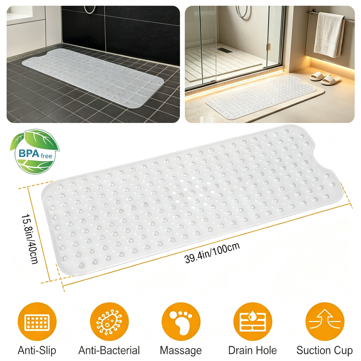 BPA Free PVC Non Slip Shower Mat with 200 Suction Cups & Drain Holes, Pebble Massage Bath Mat Machine Washable for Bathroom Tub