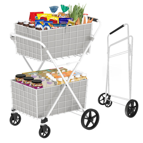 AEELLEEA 2-Tier Folding Shopping Cart with Waterproof Liners, 120L Capacity, 220 lb Load Capacity, White