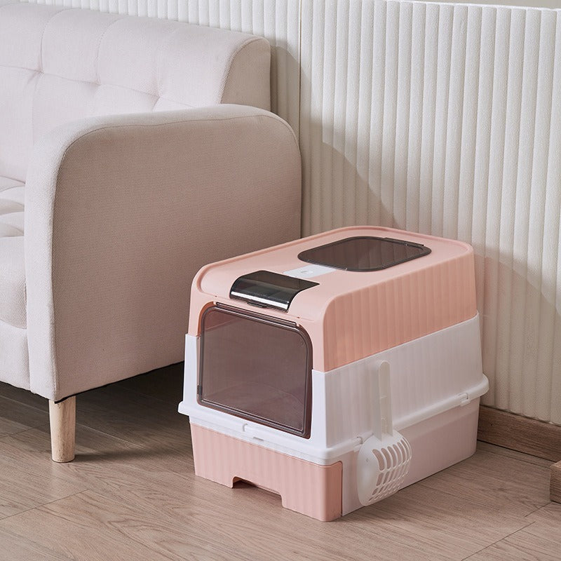 Enclosed Cat Litter Box with Drawer & Scoop, Covered Kitty Litter Box with Viewing Window & Deodorizer, Easy to Clean, for Medium Cats, Pink