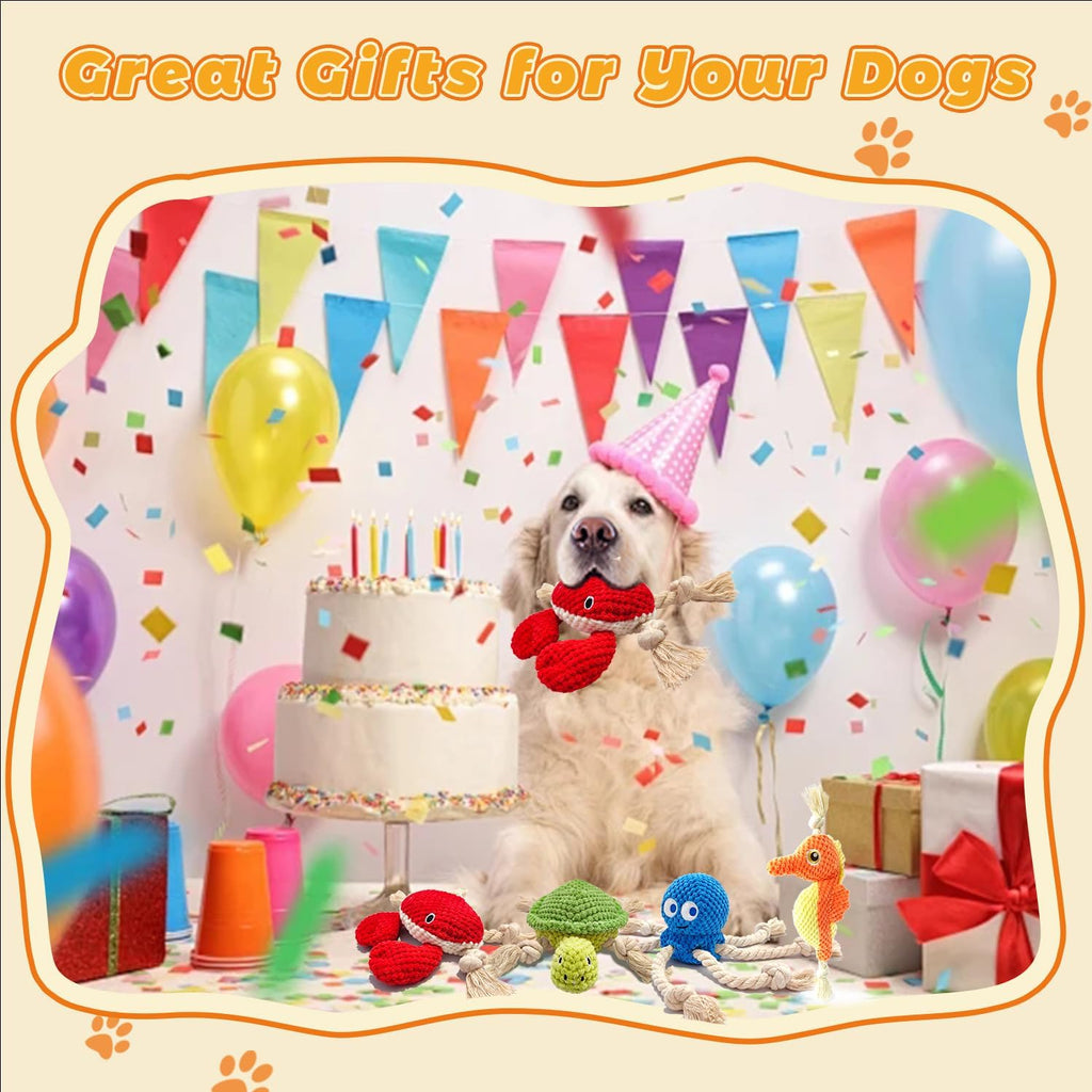 4-Pack Squeaky Dog Toys Set Sea Crinkle Plush Toy Rope Toys for Dogs Tug of War Toy & Oral Care Puppy Toys for Small Medium Large Dogs