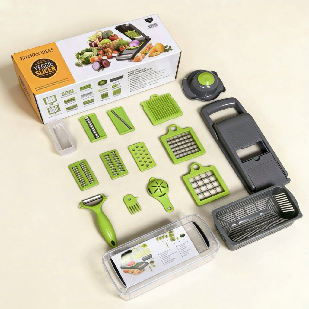 16 in 1 Vegetable Chopper, Multifunctional Veggie Slicer Dicer with 1.5L Storage Container, Interchangeable Blades & Hand Guard for Onion Carrot Fruit