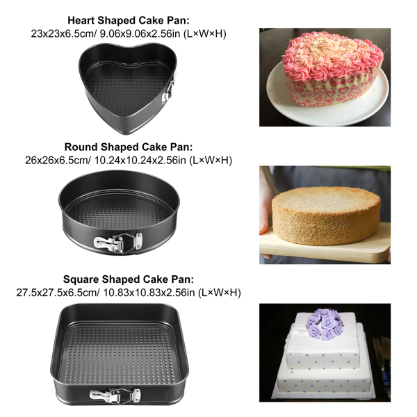3Pcs Nonstick Springform Cake Pan Set, Heart Round Square Cheesecake Pans with Quick-Release Latch, BPA-Free Baking Pans for Cakes Mousse