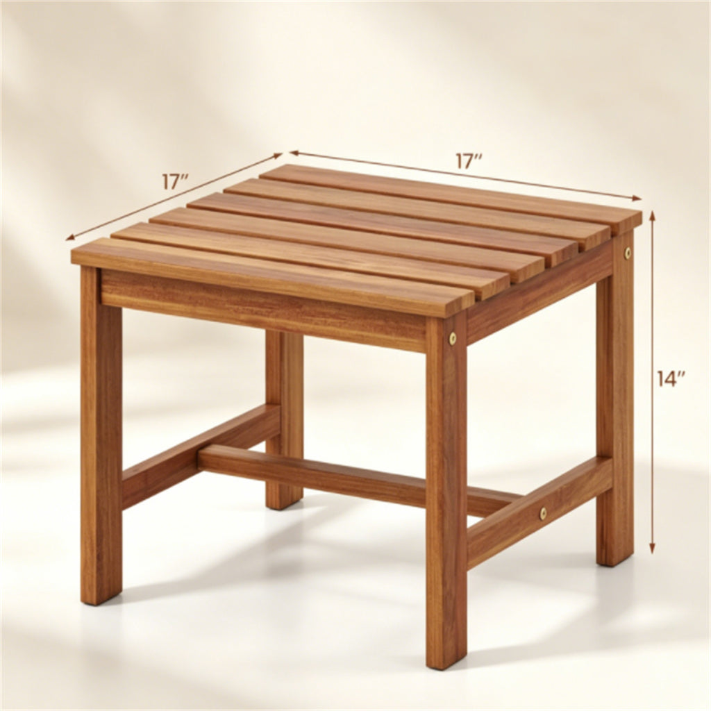 17 Inch Acacia Wood Outdoor Side Table, Square Slatted Patio End Table with Drainage Design, Heavy Duty Reinforced Frame for Backyard Garden Poolside