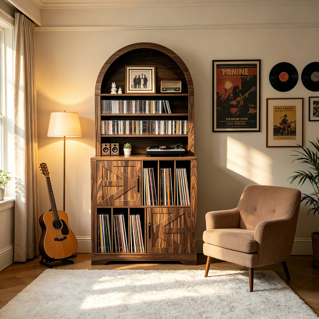 AEELLEEA Arched Vinyl Record Storage Cabinet, Tall Mid-Century Turntable Stand with Doors, Holds 400 LPs, Media Shelf for Living Room
