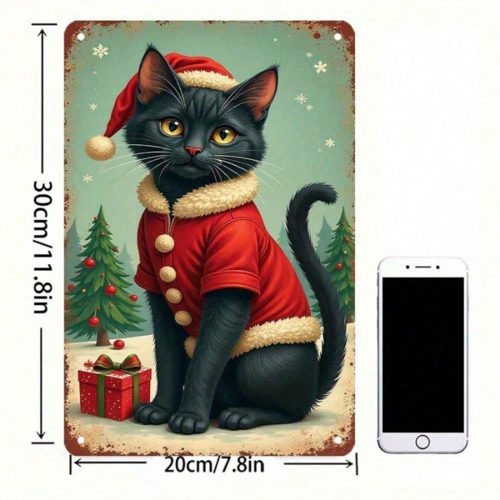 AEELLEEA-Vintage Christmas Black Cat Metal Tin Sign, 11.81x7.87 Inch Retro Wall Plaque with Santa Hat Cat, Snowflake