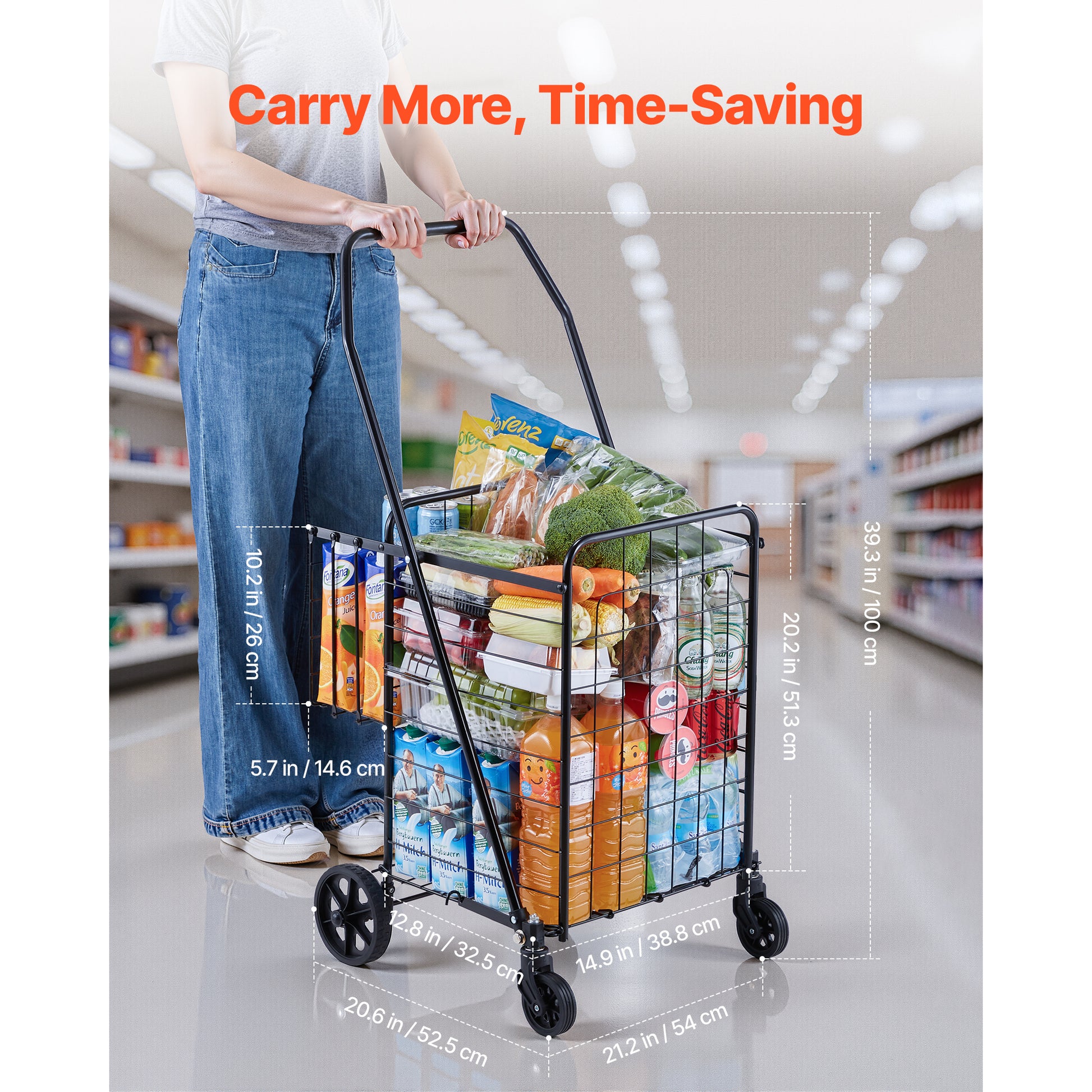 Shopping Cart, Folding Grocery Utility Cart with Dual Baskets, Waterproof Liner & Wheels, 100 LBS Large Load Capacity, Heavy Duty Laundry Basket for Laundry, Shopping, Camping, Grocery, Luggage