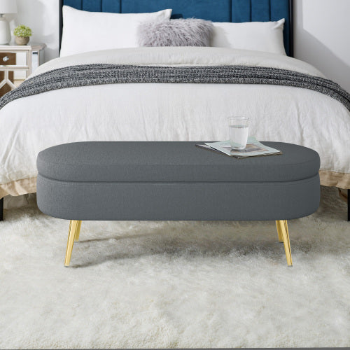 AEELLEEA 43 Inch Oval Storage Ottoman Bench, Grey Textured Fabric Bench with Gold Metal Legs for Bedroom Entryway