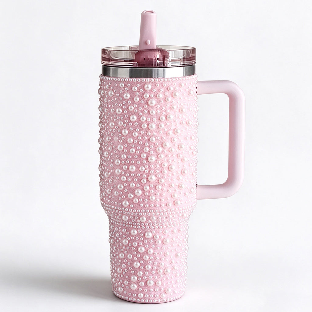 40oz Stainless Steel Insulated Tumbler with Lid and Straw, Double Wall Travel Coffee Cup with Pearl Rhinestone Design, Christmas Gift for Women