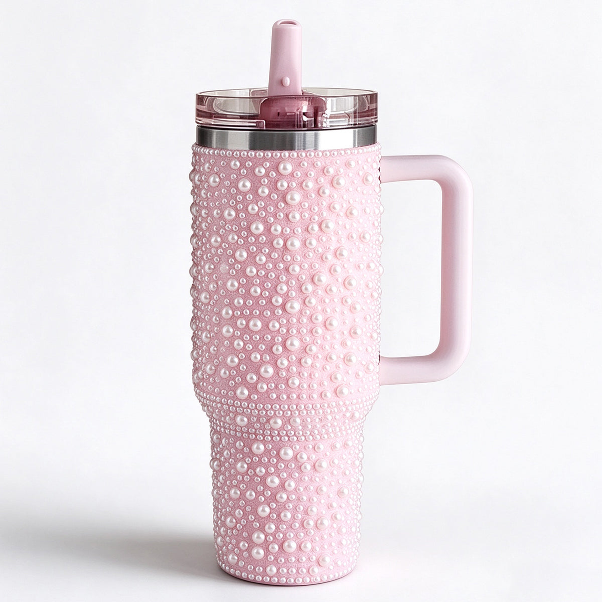 40oz Stainless Steel Insulated Tumbler with Lid and Straw, Double Wall Travel Coffee Cup with Pearl Rhinestone Design, Christmas Gift for Women