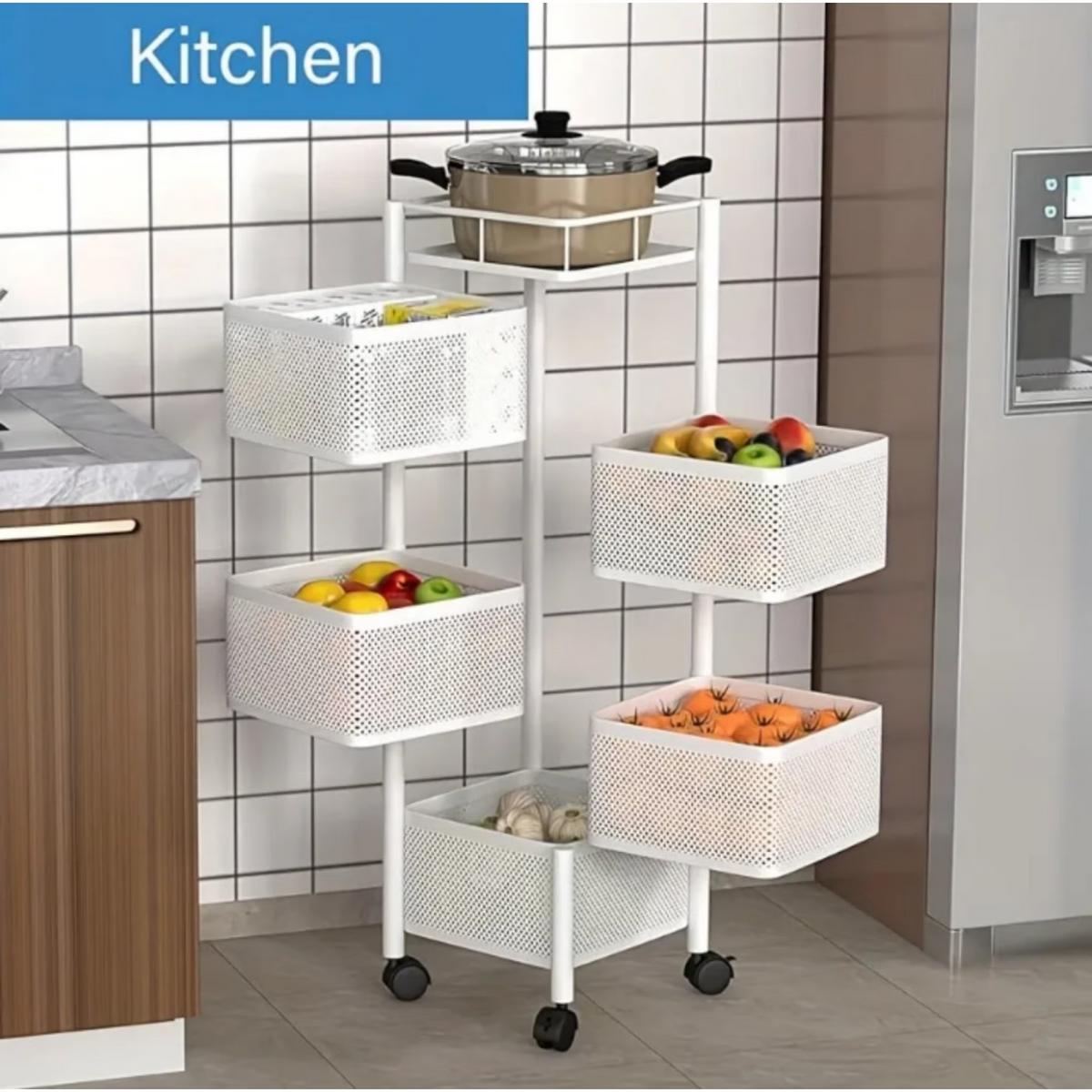 AEELLEEA 5-Tier Rotating Kitchen Storage Cart, Metal Mesh Basket with Lockable Wheels, Mobile Organizer for Kitchen & Bathroom