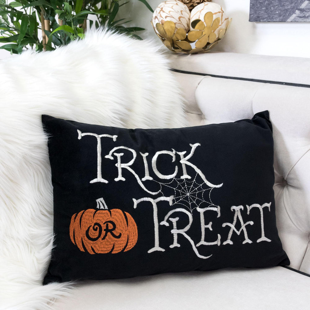 AEELLEEA 12x18 Inch Halloween Throw Pillow, Trick or Treat Pumpkin Spider Web Embroidered Lumbar Cushion with Zipper for Sofa Home Holiday Decor