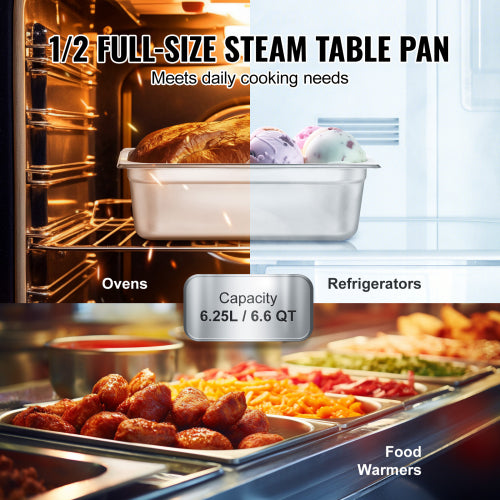 8 Pack 1/2 Size Steam Table Pan with Lid, 4 Inch Deep Stainless Steel Hotel Pan, 6.6 QT Anti-Jam Restaurant Pan