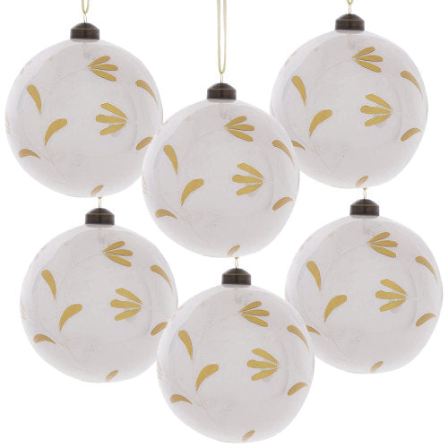 AEELLEEA 3.9" White Glass Christmas Ornaments Set of 6, Hand Painted Gold Leaf Pattern Baubles for Xmas Tree Holiday Home Decor
