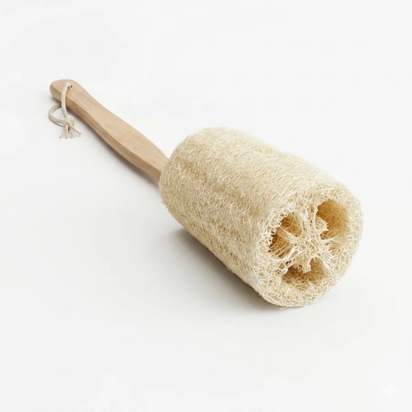 AEELLEEA Natural Loofah Bath Brush with Long Wooden Handle, Exfoliating Shower Scrubber for Back Body