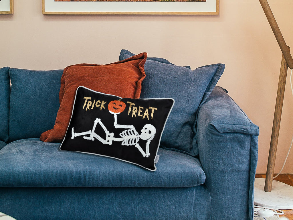 AEELLEEA 12x18 Inch Halloween Throw Pillow, Trick or Treat Skeleton Pumpkin Embroidered Lumbar Cushion for Sofa Couch Home Holiday Decor