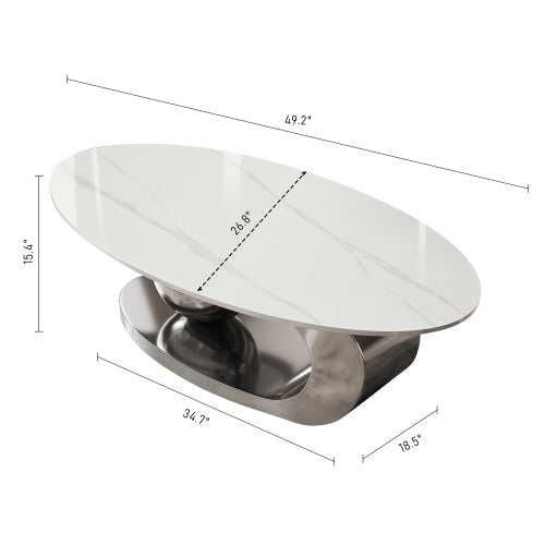 Coffee Table 49.2 Inch, Oval Marble Look Table with Flowing Metal Base and Ball Accent, Modern Luxury Center Table