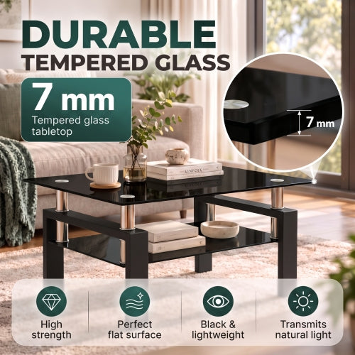 AEELLEEA Black Tempered Glass Coffee Table, 7mm Glass Top, Lower Storage Shelf, Modern Rectangular Living Room Table