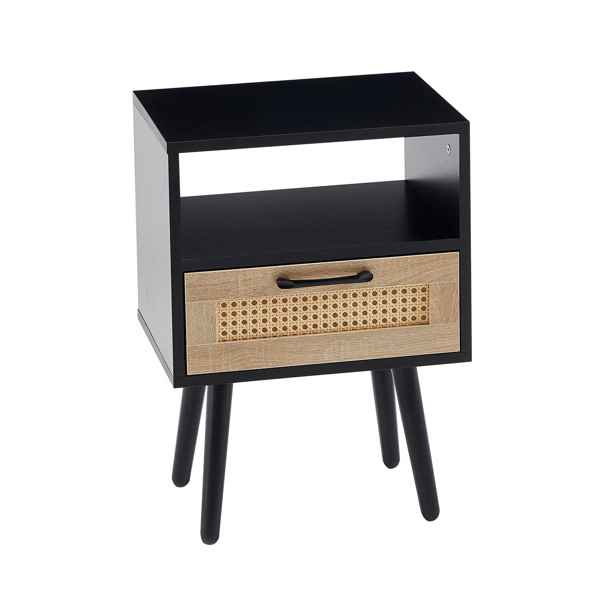AEELLEEA- Black Rectangle Side Table, MDF Frame with Solid Wood Legs & Rattan Accent, 120 lbs Weight Capacity