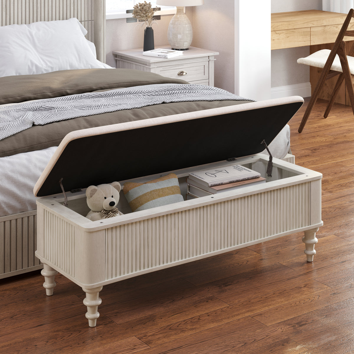 AEELLEEA 50.8" Beige Storage Ottoman Bench, Rubberwood Bed End Bench, Linen Upholstery Hidden Storage for Bedroom Entryway
