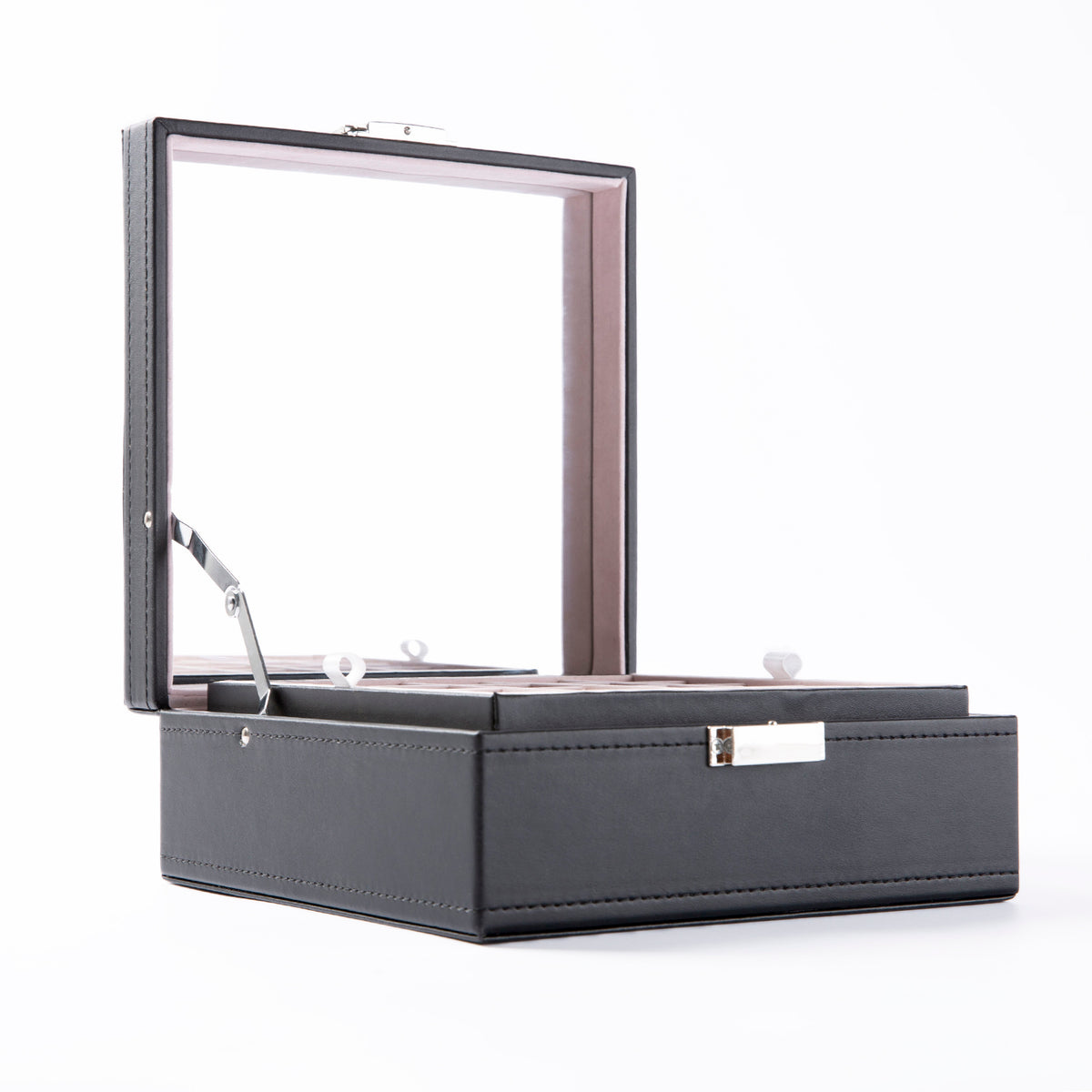 AEELLEEA-50 Slot Black Jewelry Organizer Box with Large Mirror, Earring Storage Case for Necklaces, Earrings & Bracelets
