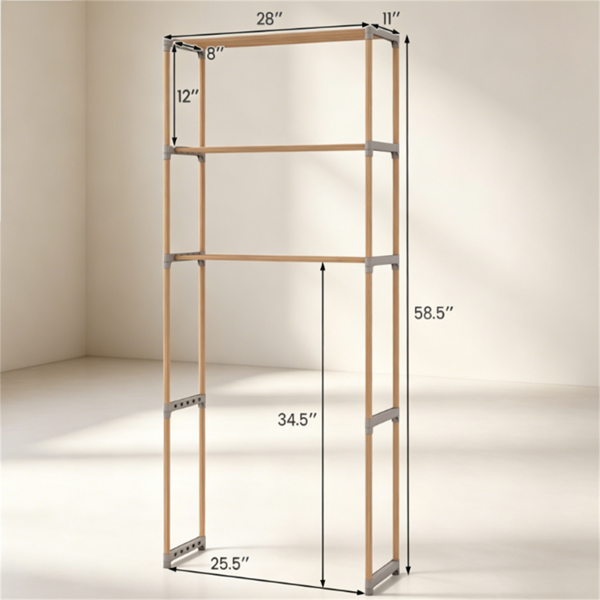 AEELLEEA 3-Tier Over-the-Toilet Storage Rack, Solid Pine Wood Bathroom Organizer Shelf, 28" W x 11" D x 58.5" H, Natural Wood