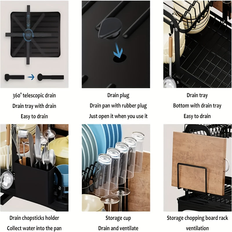 Large Dish Drying Rack - Stainless Steel Metal Dish Drying Rack for Kitchen Counter and Sink,2 Tier Dish Drainer with Drainboard,Black Kitchen Storage Rack with Cups Holder and Utensil Holder