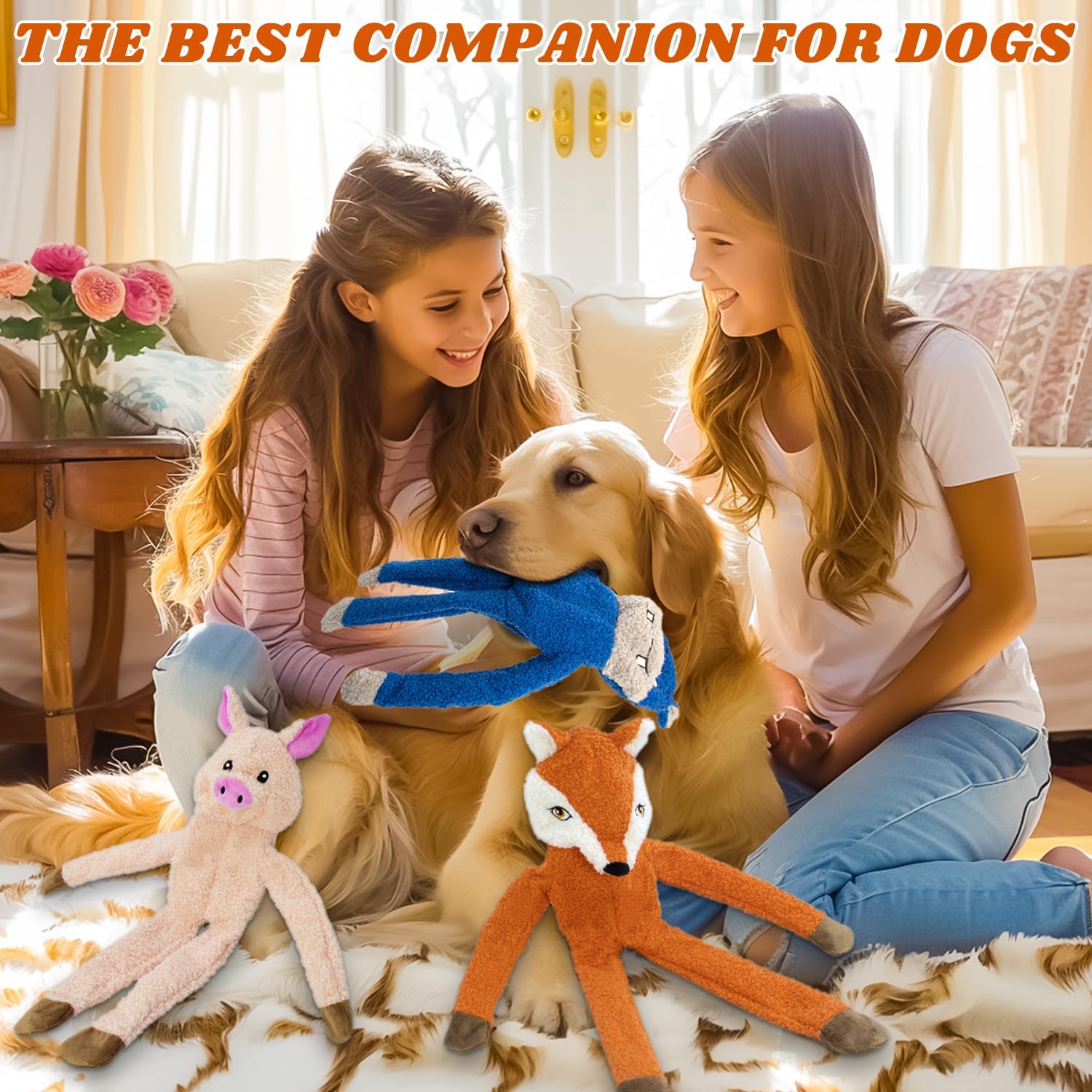 3 Pack No Stuffing Crinkle Squeaky Interactive Plush Dog Toys for Aggressive Chewers to Keep Puppy Busy for Boredom Small & Medium Breeds Furry Friend Teething Orange Fox Pink Pig Blue Hippo