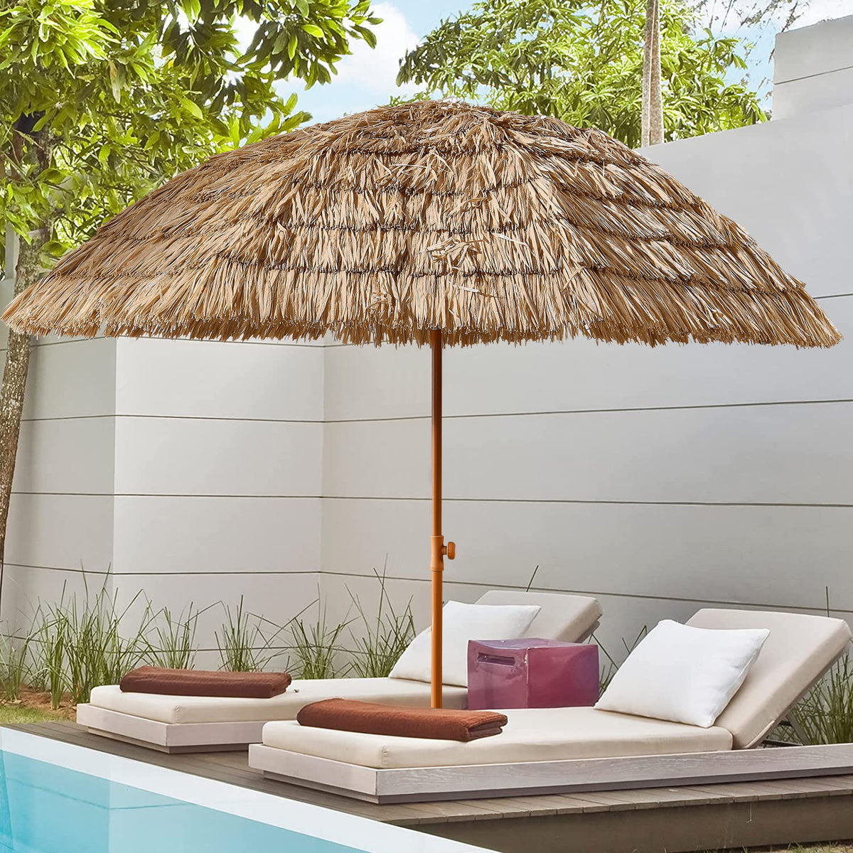 AEELLEEA 7.8FT Thatched Tiki Patio Umbrella, Adjustable Tilt, Outdoor Beach Pool Sun Shade