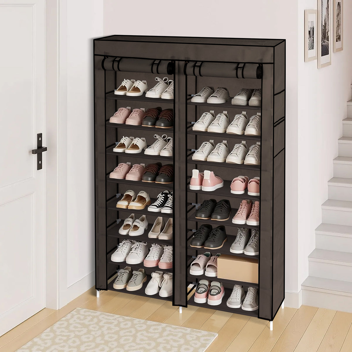 AEELLEEA- 10-Tier Double Row Shoe Rack, Gray Fabric Shoe Storage Organizer with Iron Frame, Freestanding Entryway Shoe Cabinet