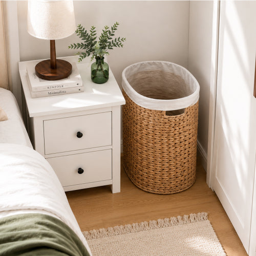 AEELLEEA 17.7 x 15 x 21.7 Inch Woven Water Hyacinth Laundry Basket, Oval Storage Hamper with Removable Liner & Built-in Handles for Bedroom, Nursery