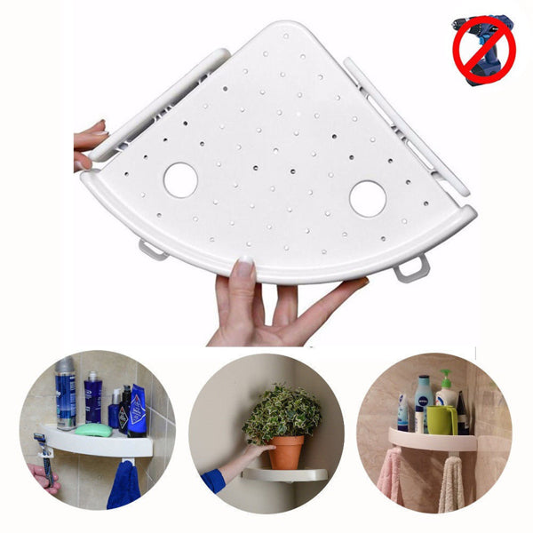 No Drill Bathroom Corner Shelf, White Fan Shaped Adhesive Corner Holder with Drain Holes and Hooks, Wall Mount Organizer for Shampoo Toiletries