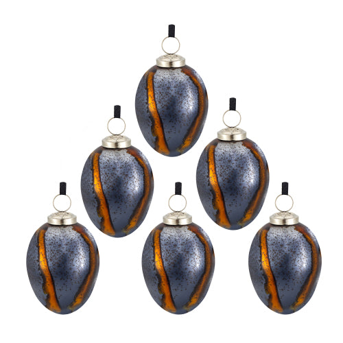 6 PCS Christmas Ball Ornaments, Egg Shaped Xmas Tree Baubles, Blue Gray and Amber Striped Glass Christmas Decorations for Holiday Party