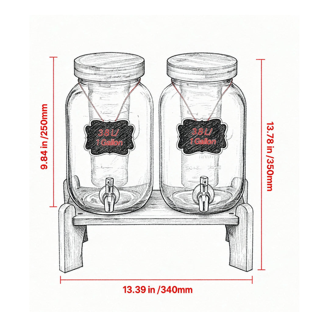 AEELLEEA 2 Pack 1 Gallon Glass Beverage Dispenser with Bamboo Stand & Spigot, 13.78"x13.39" Drink Jar for Party
