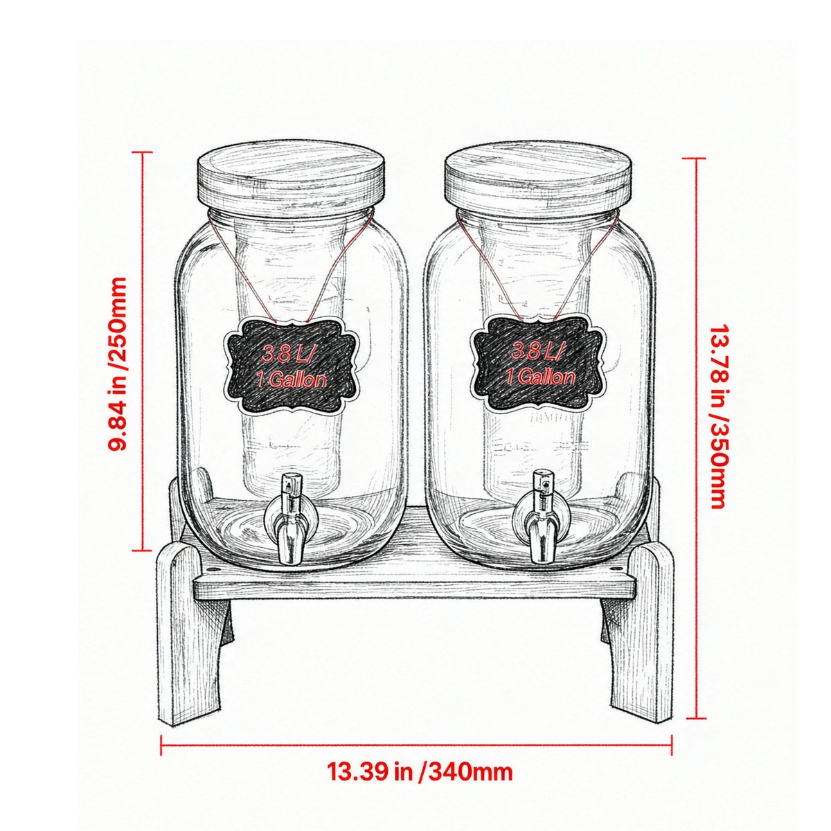 AEELLEEA 2 Pack 1 Gallon Glass Beverage Dispenser with Bamboo Stand & Spigot, 13.78"x13.39" Drink Jar for Party