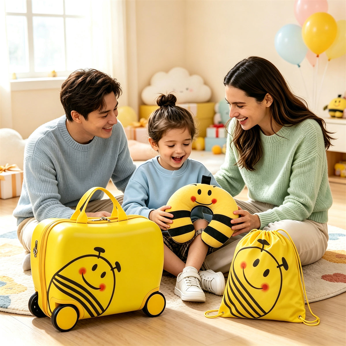 AEELLEEA 3 Piece Bee Kids Ride-On Luggage Set, 16 Inch Rolling Suitcase with Drawstring Backpack & Neck Pillow for Toddler Travel