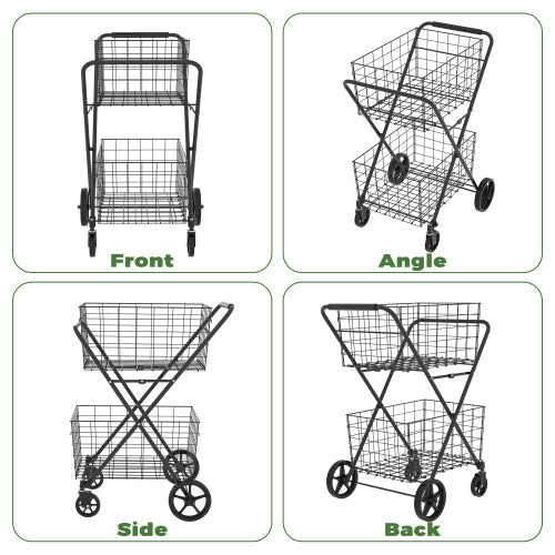 AEELLEEA 2-Tier Folding Utility Cart with Dual Baskets, 120L Capacity, 220 lb Load Capacity, Black