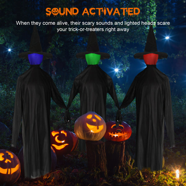 3‑Pack Black Hand‑Held Screaming Witch Halloween Decor, Sound‑Activated Sensor with Lights for Home Yard & Holiday Party Display