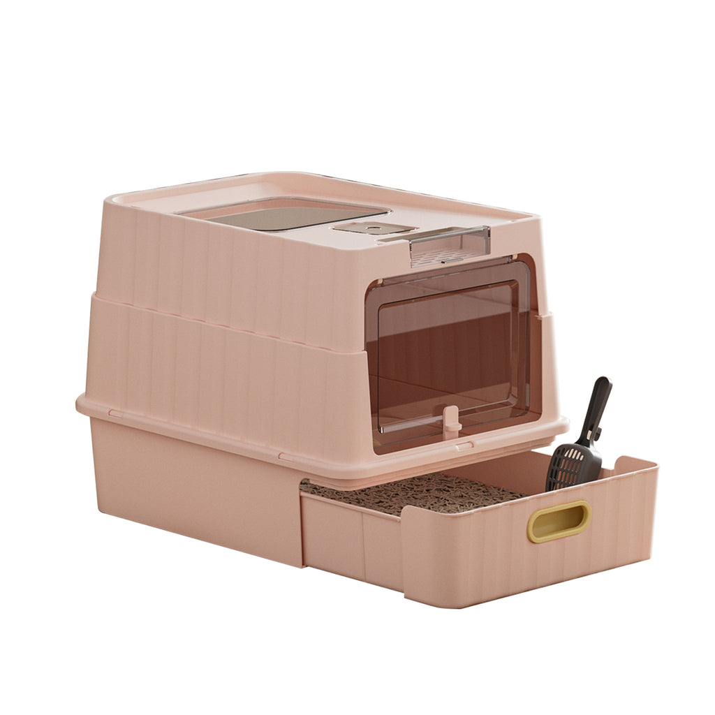 Convertible Enclosed Cat Litter Box with Pull-Out Drawer, Front Door, Top Vent Panel & Litter Scoop, Pink, 19.69" x 13.78" x 13.78"
