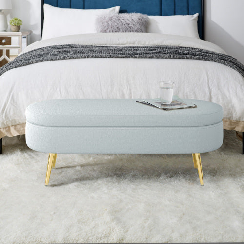 AEELLEEA 43 Inch Oval Storage Ottoman Bench, Light Blue Textured Fabric Bench with Gold Metal Legs for Bedroom Entryway