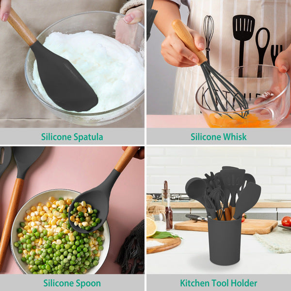 12 Pcs Silicone Kitchen Utensil Set with Bamboo Handles, Gray Cooking Tools with Holder, Heat Resistant Nonstick Spatula Set