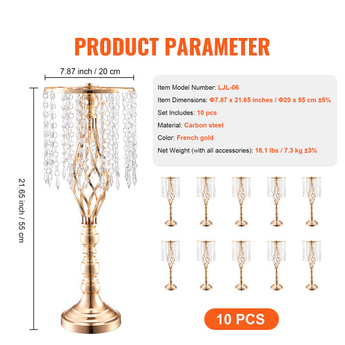 Set of 10 Gold Crystal Wedding Flower Stands, 21.65 Inch Tall Metal Floral Centerpieces for Party Reception Decor