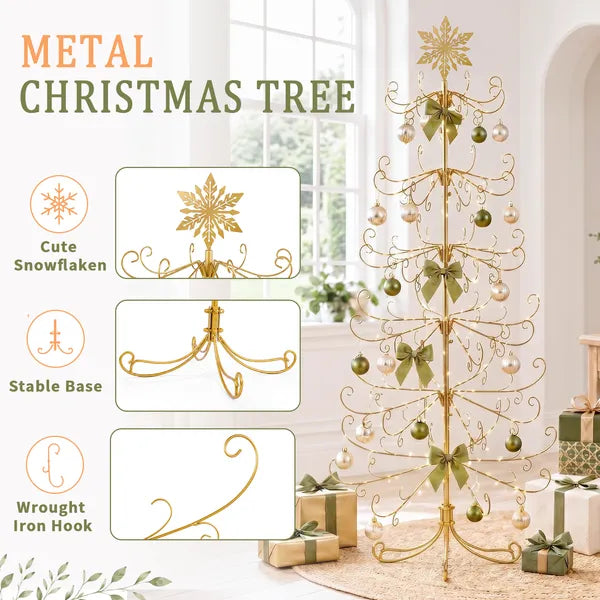 Aeelleea 6ft Gold Wrought Iron Christmas Tree with Snowflake Top, PVC Everyday Decor Tree, No Accessories Included