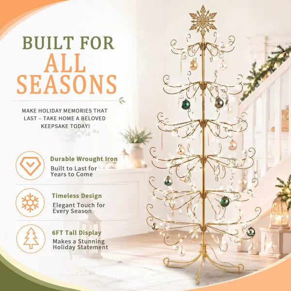 Aeelleea 6ft Gold Wrought Iron Christmas Tree with Snowflake Top, PVC Everyday Decor Tree, No Accessories Included