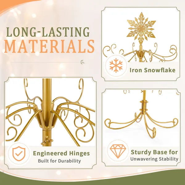 Aeelleea 6ft Gold Wrought Iron Christmas Tree with Snowflake Top, PVC Everyday Decor Tree, No Accessories Included