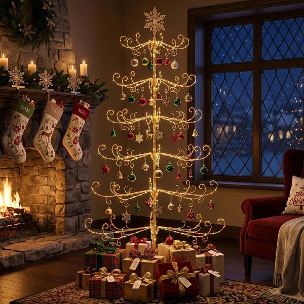 Aeelleea 6ft Gold Wrought Iron Christmas Tree with Snowflake Top, PVC Everyday Decor Tree, No Accessories Included