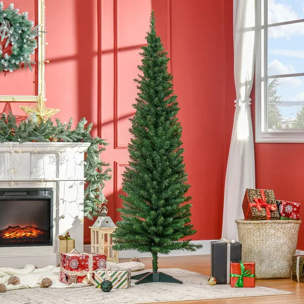 6FT Pencil Slim Artificial Christmas Tree, Unlit Realistic Green PVC Branches, Metal Stand, Space Saving Indoor Xmas Decor